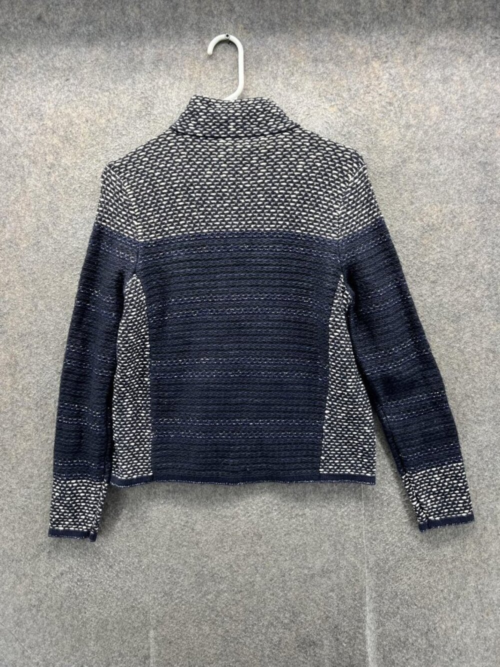 Chico's Sweater Womens 1 Blue Mock Neck Full Zip Striped Knit Long Sleeve - Picture 8 of 10